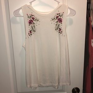 White Tank Top with Embroidered Flower Detail